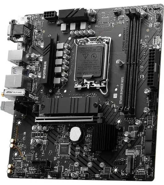 Материнская плата MSI B760M BOMBER WIFI, LGA 1700, Intel B760, 2xDDR5, 4xSATA, 2xM.2, 1xPCIe 4.0 x16, 1xPCIe x1, 1xVGA, 1xHDMI, 1xDP, 1x2.5Gb LAN, Wi-Fi 6E, Bluetooth 5.3, 4xUSB-A 5Gbps, 2xUSB-A 2.0, 1xPS/2, 3x3.5 мм, 7.1, чёрный, mATX