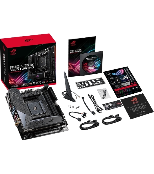 Материнская плата ASUS ROG STRIX X570-I GAMING, AM4, AMD X570, 2xDDR4, 4xSATA, 2xM.2, 1xPCIe 4.0 x16, 1xHDMI, 1xDP, 1x1Gb LAN, Wi-Fi 6, Bluetooth 5.0, 1xUSB-C 10Gbps, 3xUSB-A 10Gbps, 4xUSB-A 5Gbps, 2xUSB-A 2.0, 3x3.5 мм, 7.1, ITX
