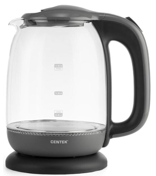 Чайник Centek CT-0034 (серый) Vancouver стекло, 1.8л, 2200 Вт, внутренняя LED подсветка, кнопка