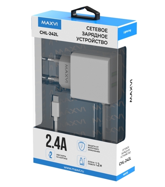 Сетевое зарядное устройство Maxvi CHL-242L 2хUSB 2.4A + литой кабель Lightning 1.2м, белый