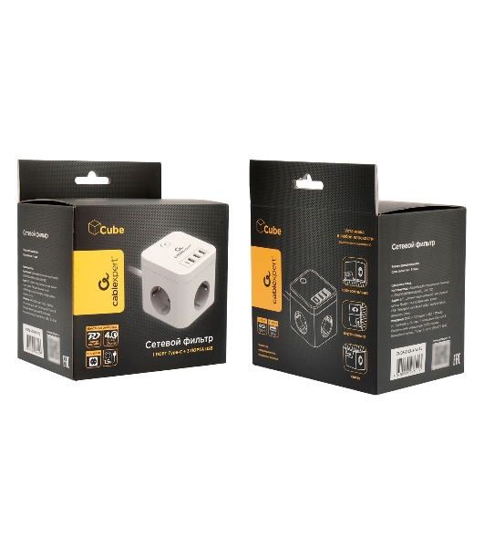 Сетевой фильтр Cablexpert Cube CUBE-3-CU3-W-1.5, 3 р, 10А, 1xType-C PD, 3xUSB, 1.5 м, ур.защиты 4+, белый, коробка