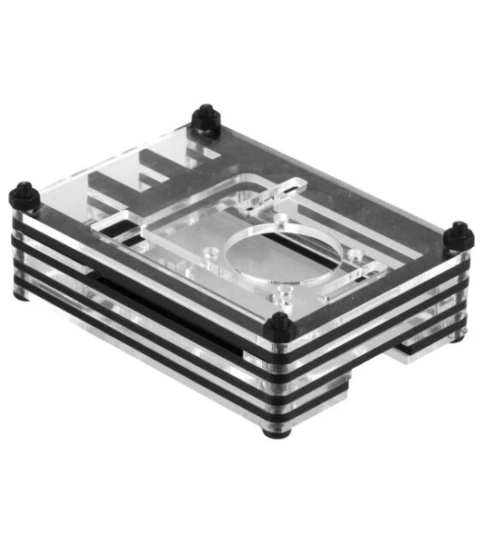 Корпус Qumo, 9-слойный акриловый + вентилятор, Raspberry Pi 4, черный transparent(RS041)
