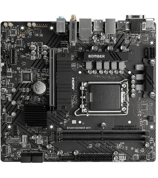 Материнская плата MSI B760M BOMBER WIFI, LGA 1700, Intel B760, 2xDDR5, 4xSATA, 2xM.2, 1xPCIe 4.0 x16, 1xPCIe x1, 1xVGA, 1xHDMI, 1xDP, 1x2.5Gb LAN, Wi-Fi 6E, Bluetooth 5.3, 4xUSB-A 5Gbps, 2xUSB-A 2.0, 1xPS/2, 3x3.5 мм, 7.1, чёрный, mATX