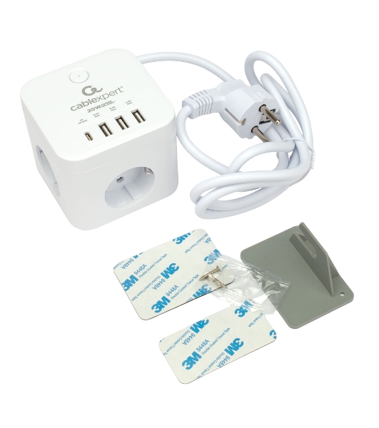 Сетевой фильтр Cablexpert Cube CUBE-3-CU3-W-1.5, 3 р, 10А, 1xType-C PD, 3xUSB, 1.5 м, ур.защиты 4+, белый, коробка