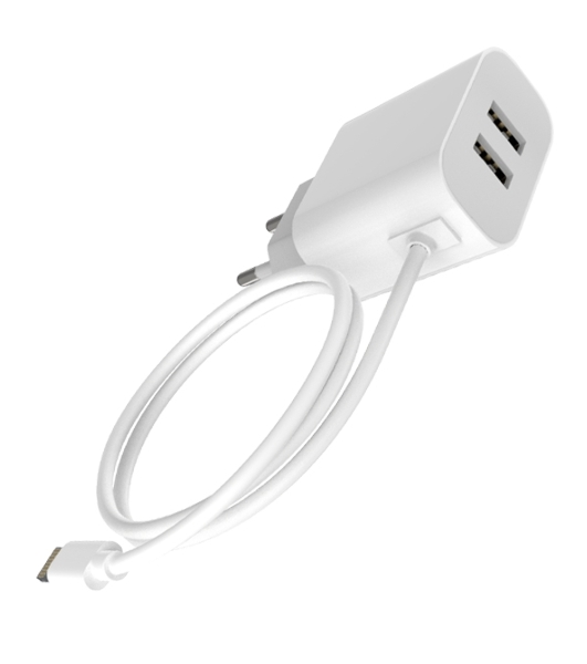 Сетевое зарядное устройство Maxvi CHL-242L 2хUSB 2.4A + литой кабель Lightning 1.2м, белый