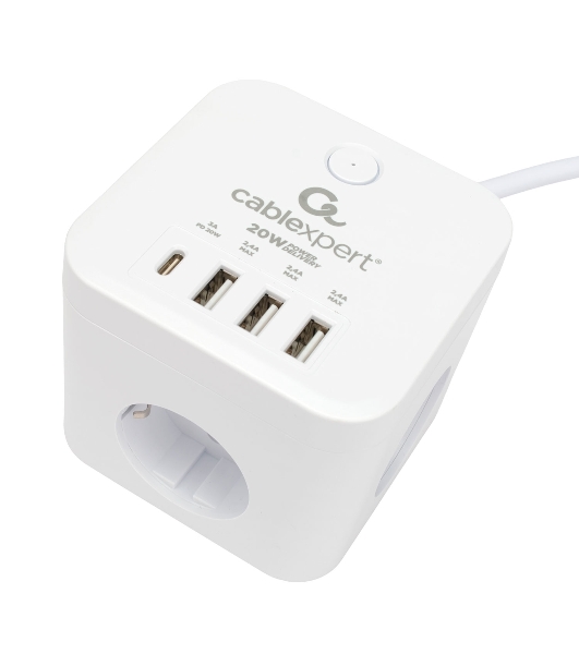 Сетевой фильтр Cablexpert Cube CUBE-3-CU3-W-1.5, 3 р, 10А, 1xType-C PD, 3xUSB, 1.5 м, ур.защиты 4+, белый, коробка