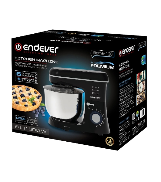 Миксер планетарный Endever Sigma-120, черный, мощность 1800 Вт, объем чаши 6 л, планетарная система смешивания, 2 шт/уп.