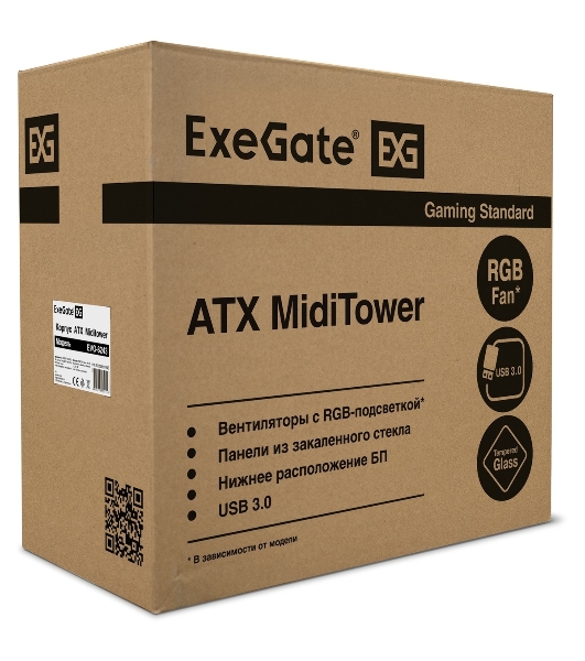 Компьютерный корпус Miditower ExeGate EVO-8243-EVO800 (ATX, БП EVO800RGb с вент. 12 см, 2хUSB+1хUSB 3.0, черный, 3 вент. с RGb подсветкой, боковая панель - закаленное стекло)