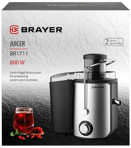 Соковыжималка BRAYER BR1711 серебристый, центробежная, 800 Вт, 500 мл, механическое