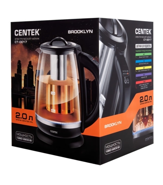 Электрочайник Centek CT-0017 черный, 2 л, 2200 Вт, скрытый нагревательный элемент, поддержание температуры