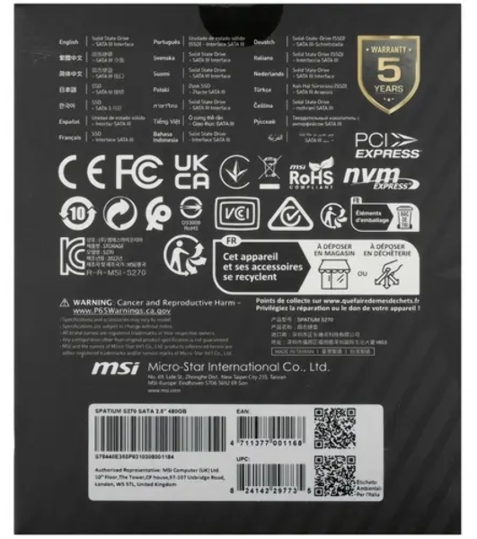 Накопитель SSD MSI SPATIUM S270, 480Gb, 2.5', SATA III, R/W 500/450