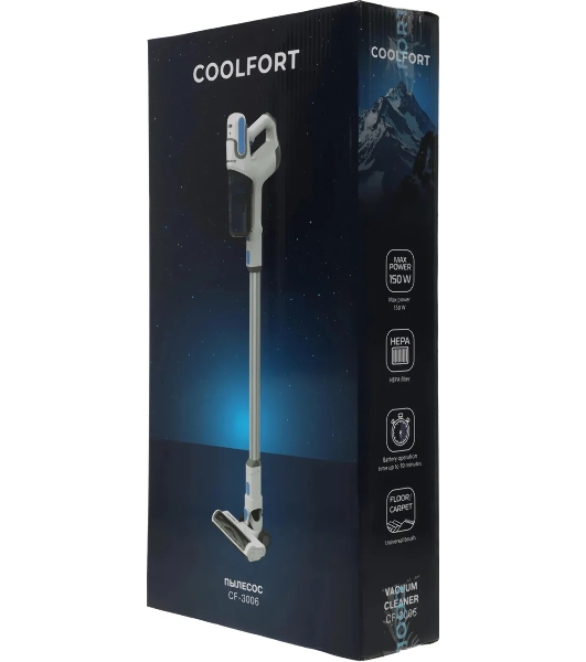 Пылесос вертикальный Coolfort CF-3006 белый/голубой, питание от аккумулятора, 130 вт, уборка сухая, пылесборник 0.5 л, работа от АКБ max 30 мин.