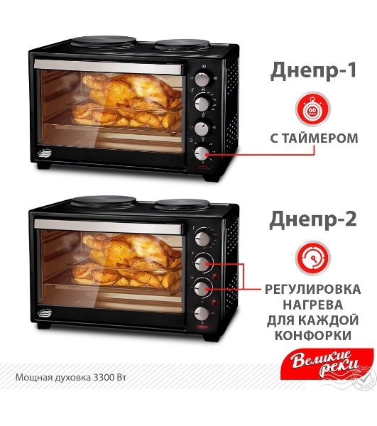 Мини-печь Великие Реки Днепр-2, мощность 3300 Вт, 2 конфорки, 30 л, 2 противня