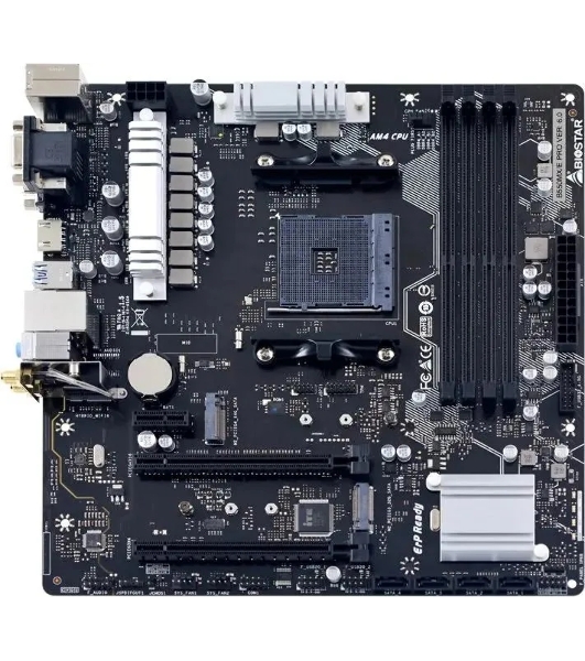 Материнская плата Biostar B550MX/E PRO, AM4, AMD B550, 4xDDR4, 4xSATA, 2xM.2, 1xPCIe 4.0 x16, 1xPCIe 3.0 x4, 1xDVI-D, 1xHDMI, 1xVGA, 1x1Gb LAN, 4xUSB-A 5Gbps, 2xUSB-A 2.0, 1xCOM, 3x3.5 мм, 7.1, mATX