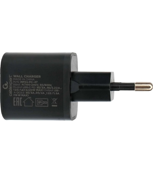 Сетевое зарядное устройство Cablexpert 20Вт, 3А, QC3.0/PD, 1xUSB, 1xType-C, черный, пакет