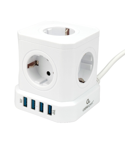 Сетевой фильтр Cablexpert Tower TWR-5-U4-W-2, 5 р, 10А, 4хUSB, 3.1А, 2 м, ур.защиты 4+, белый, коробка