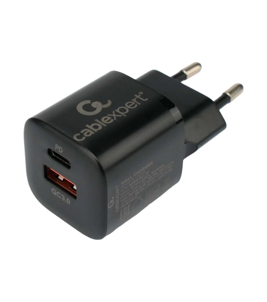 Сетевое зарядное устройство Cablexpert 20Вт, 3А, QC3.0/PD, 1xUSB, 1xType-C, черный, пакет