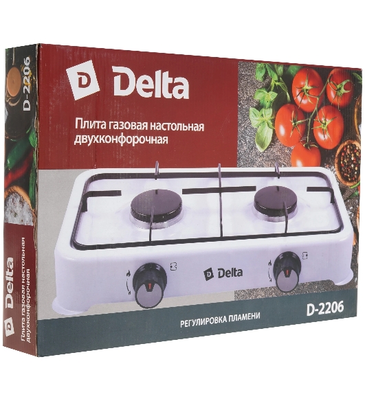 Плита настольная газовая Delta D-2206 белый, 4.4 кВт, газ, конфорки - 2, эмаль, поворотные переключатели