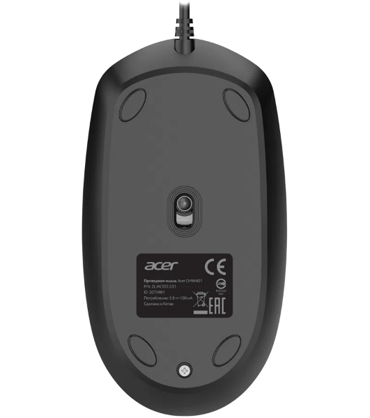Мышь проводная Acer OMW401 черный, 2000 dpi, USB, кнопки - 4
