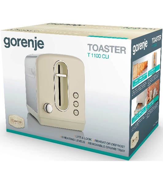 Тостер Gorenje T1100CLI бежевый/серебристый, 950 Вт, 2 слота