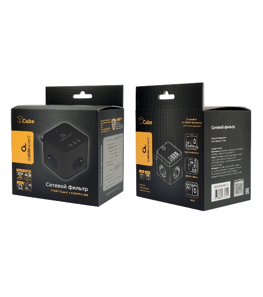 Сетевой фильтр Cablexpert Cube CUBE-3-CU3-B-1.5, 3 р, 10А, 1xType-C PD, 3xUSB, 1.5 м, ур.защиты 4+, черный, коробка