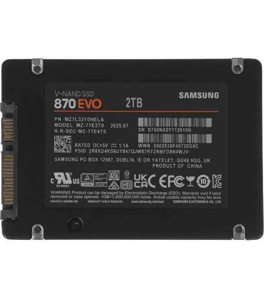 Накопитель SSD Samsung 870 EVO, 2Tb, SATA III, 2.5', R/W 560/530
