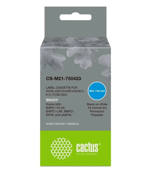 Картридж ленточный Cactus CS-M21-750423 черный шрифт, белый фон (19.1 мм, 6.4 м) для Brady BMP21-PLUS, BMP21-LAB