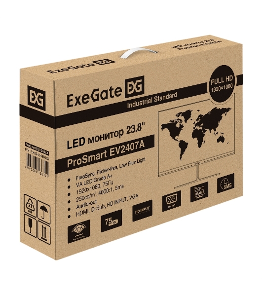 Монитор 23.8' ExeGate ProSmart EV2407A VA 1920x1080, 75 Гц, 5 мс, 16:9, 280 кд/м2, 1xHDMI, 1xVGA, 1x3.5 мм, черный