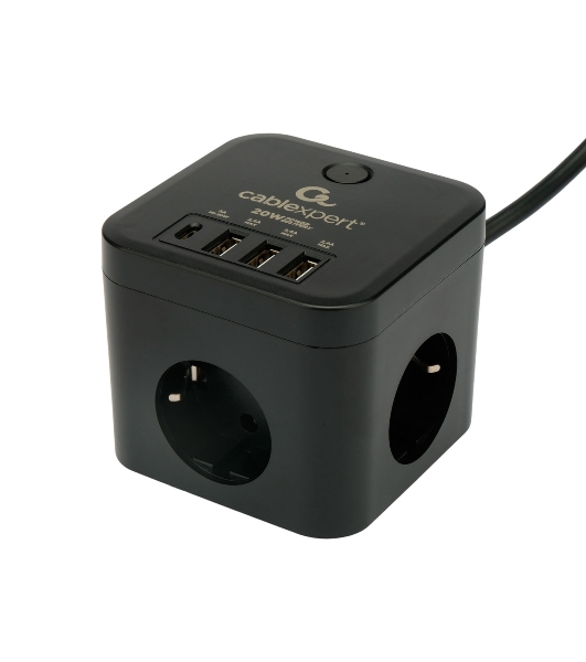 Сетевой фильтр Cablexpert Cube CUBE-3-CU3-B-1.5, 3 р, 10А, 1xType-C PD, 3xUSB, 1.5 м, ур.защиты 4+, черный, коробка