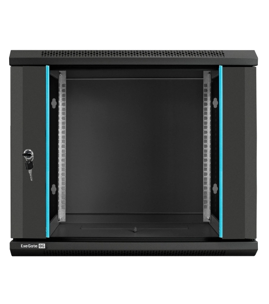 Шкаф телекоммуникационный 19' настенный 9U ExeGate EC-WM-9U.600.G.BLACK (19', 9U, 600x600x500мм (ШхГхВ), передняя дверь закаленное стекло, съемные боковые панели, пыле- и влагозащита IP23, черный RAL 9004)