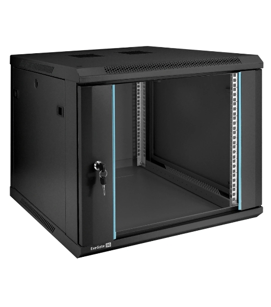 Шкаф телекоммуникационный 19' настенный 9U ExeGate EC-WM-9U.600.G.BLACK (19', 9U, 600x600x500мм (ШхГхВ), передняя дверь закаленное стекло, съемные боковые панели, пыле- и влагозащита IP23, черный RAL 9004)
