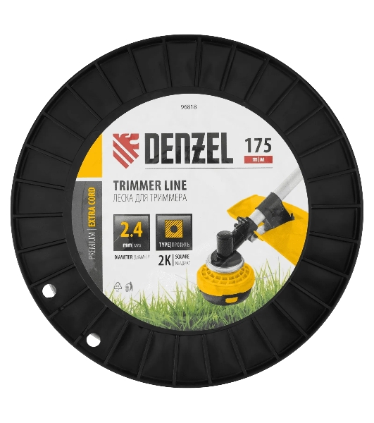 Леска для триммера Denzel двухкомпонентная квадрат, 2,4 мм х 175 м, на DIN катушке EXTRA CORD
