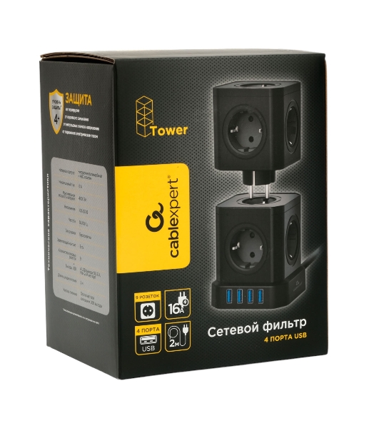 Сетевой фильтр Cablexpert Tower TWR-9-U4-B-2, 9 р, 16А, 4хUSB, 3.1А, 2 м, ур.защиты 4+, черный, коробка