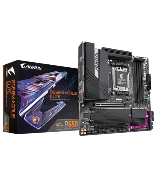 Материнская плата Gigabyte B650M AORUS ELITE, Socket AM5, AMD B650, 4xDDR5, 4xSATA, 2xM.2, 1xPCI-E 4.0 x16, 1xPCI-E 4.0 x4, 1xHDMI, 1xDP, 1x 2.5Gb LAN, 5xUSB-A 3.2 Gen 1, 2xUSB-A 3.2 Gen 2, 4xUSB-A 2.0, 1xUSB-C 3.2 Gen 2, 2x3.5 мм, 7.1, Micro-ATX