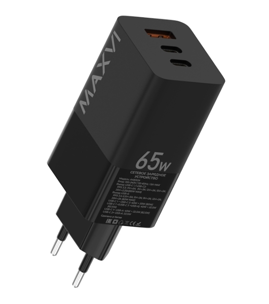 Сетевое зарядное устройство Maxvi A483GN 65W, 1xUSB-A, 2xUSB-C, черный