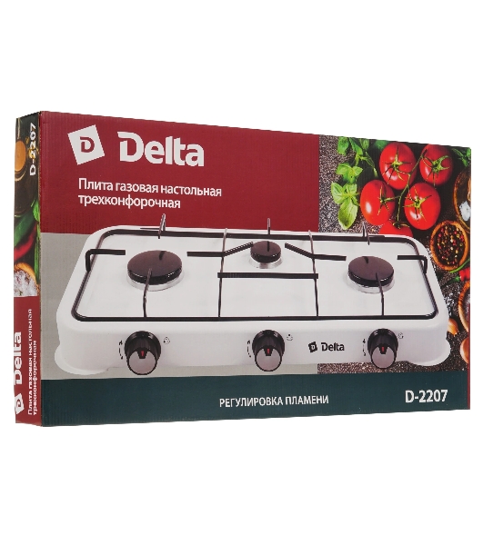 Плита настольная газовая Delta D-2207 белый, 5.4 кВт, газ, конфорки - 3, эмаль, поворотные переключатели
