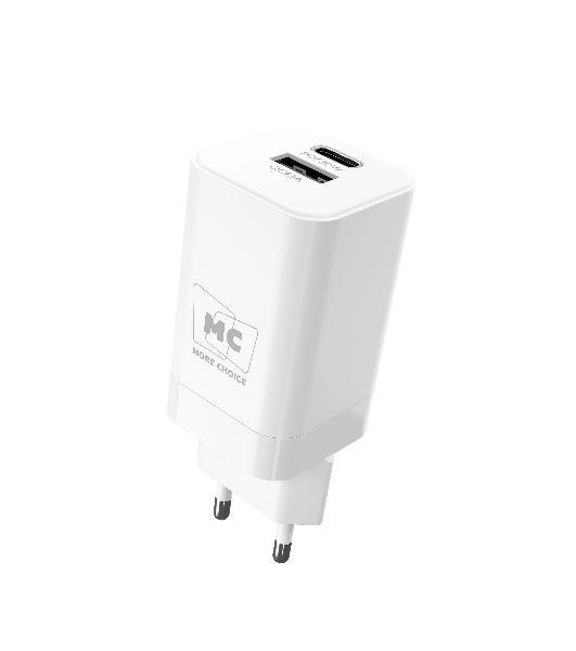 Сетевое зарядное устройство MORE CHOICE NC85 1USB+1Type-C 3.0A PD 20W+QC3.0, белый