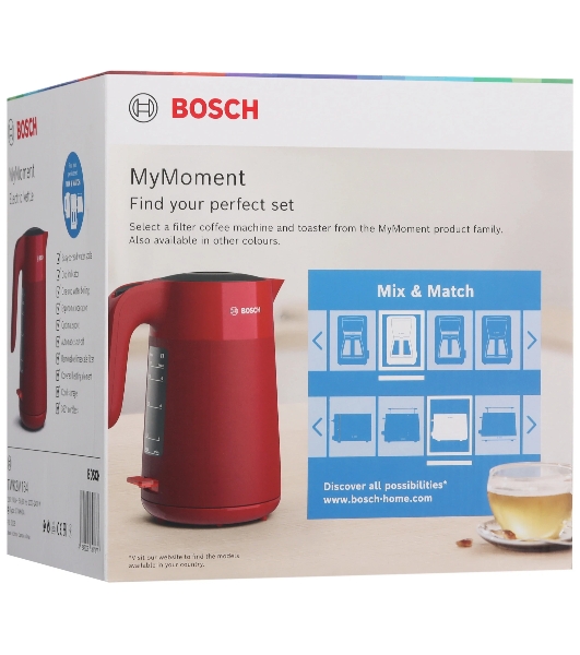 Электрочайник Bosch TWK2M164 красный, 1.7 л, 2400 Вт, скрытый нагревательный элемент