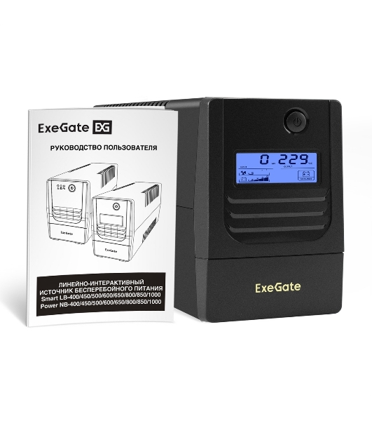 Источник бесперебойного питания ExeGate Smart LB-500.LCD.AVR.2SH (500VA/300W, LCD, AVR, 2*Schuko, батарея 12V 4.5Ah, черный)