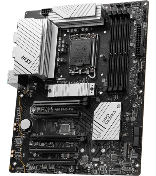 Материнская плата MSI PRO B760-P II, LGA 1700, Intel B760, 4xDDR5, 4xSATA, 2xM.2, 1xPCI-E 4.0 x16, 1xPCI-E 4.0 x4, 3xPCI-E 3.0 x1, 1xHDMI, 1xDP, 1xRJ45 2.5Gb, 1xUSB-C 3.2 Gen 2, 2xUSB-A 3.2 Gen 1, 2xUSB-A 2.0, 5x3.5мм, TOSLINK, 7.1, Standard-ATX