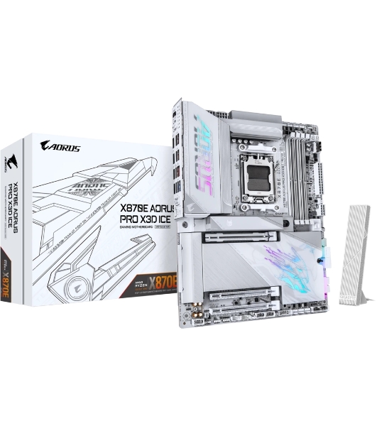 Материнская плата Gigabyte X870E AORUS PRO X3D ICE, AM5, AMD X870E, 4xDDR5, 4xSATA, 4xM.2, 1xPCIe 5.0 x16, 1xPCIe 4.0 x16, 1xPCIe 3.0 x16, 1xHDMI, 1x5Gb LAN, Wi-Fi 7, Bluetooth 5.4, 2xUSB-C 40Gbps (USB4), 2xUSB-C 10Gbps, 5xUSB-A 10Gbps, 3xUSB-A 5Gbps, 3x3.5 мм + S/PDIF оптический, 7.1, белый, ATX
