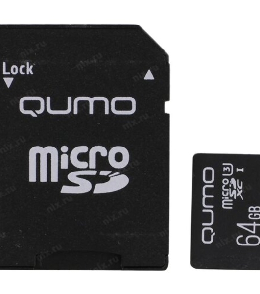 Флеш карта QUMO MicroSDXC 64Gb 90/45 МБ/с UHS-I U3, Pro seria 3.0, адаптер в комплекте SD, красная картонная упаковка