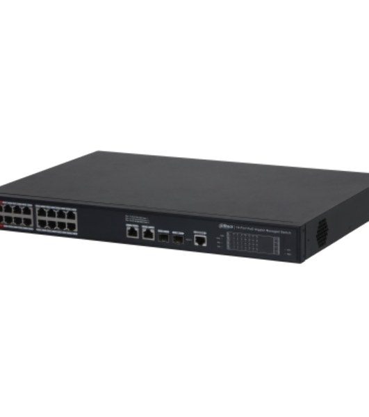 Коммутатор 20-портовый гигабитный управляемый с PoE Dahua DH-S4220-16GT-240, уровень L2, 16xRJ45 1Gb PoE, 2xRJ45 1Gb, 2xSFP 1Gb, суммарно до 240Вт, коммутация 56 Гбит/с, MAC-таблица 8к, металл