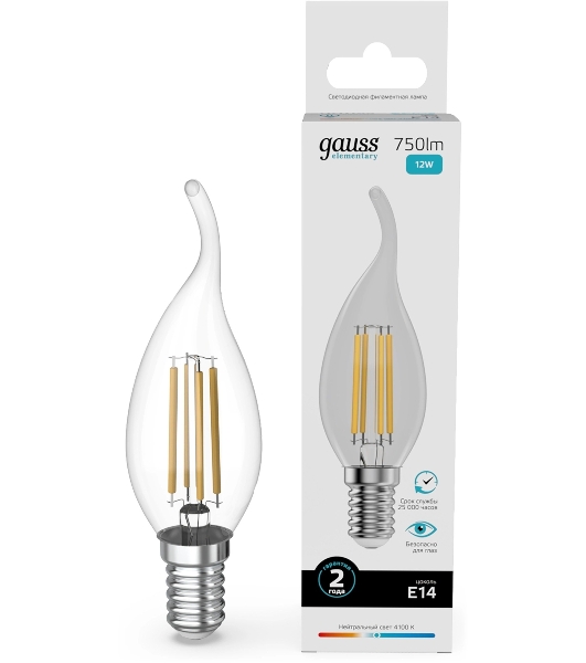Лампа филам. Gauss Filament 12Вт цок.:E14 свеча св.свеч.бел.нейт. (упак.:10шт) (42122)