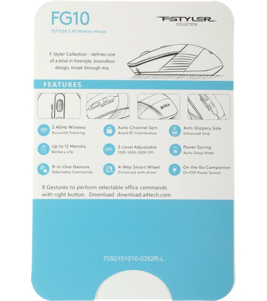 Мышь беспроводная A4Tech Fstyler FG10 белый/серый, 2000 dpi, радиоканал, USB, кнопки - 4