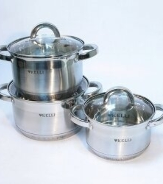 Набор посуды из нержавеющей стали со стеклянными крышками Kelli KL-4246 6 пред. 16 см -2,1; 18- см-2,9; 20 см-3,9 литра. 7-ми слойное капсульное дно. Индукция