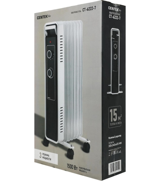 Обогреватель масляный Centek CT-6222-7 (7 секций) белый, 600/900/1500 Вт, 15 м2, 3 режима, термостат