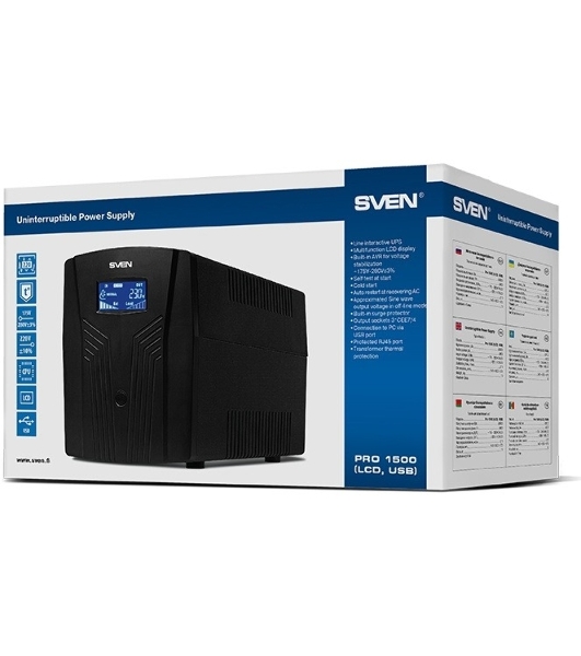 Источник бесперебойного питания UPS Sven Pro 1500 (1000 WA, LCD, USB, RG-45, 3 евро розетки)