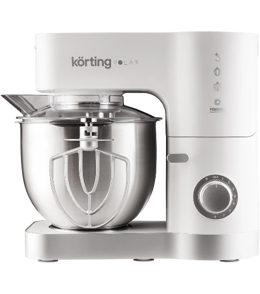 Кухонная машина Korting KKM 0105 Polar мощность 1200 Вт, 7 насадок (планетарный миксер с 3-мя насадками, мясорубка, насадка для колбас, насадка для кеббе, насадка-блендер), объем чаши 5.5 л, 8 скоростей, импульсный режим, механическое управление, белый