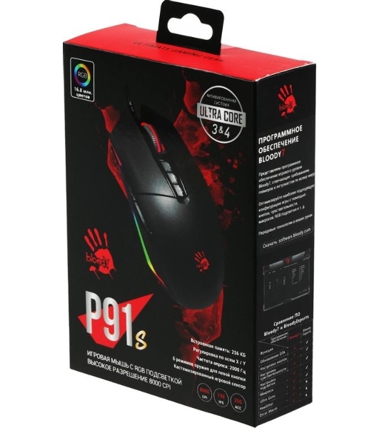 Мышь проводная A4Tech Bloody P91s черный, 8000 dpi, USB, кнопки - 8